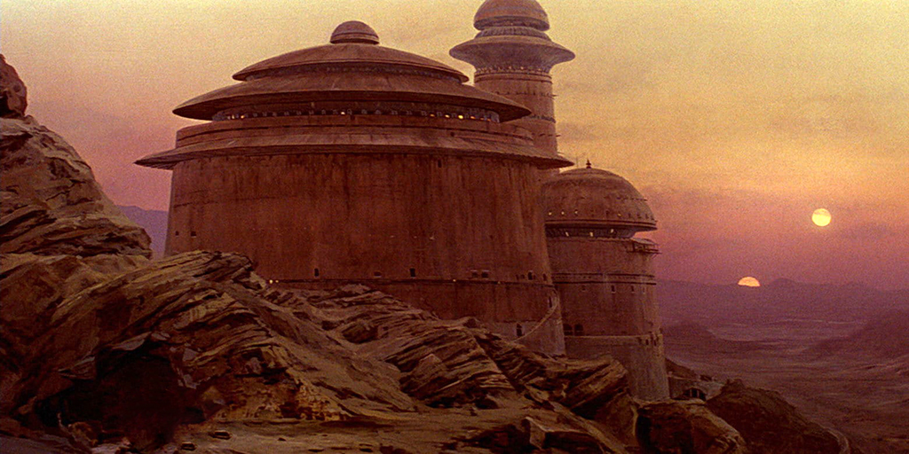 Jabba's palace with Tatooine's twin suns setting in the background.