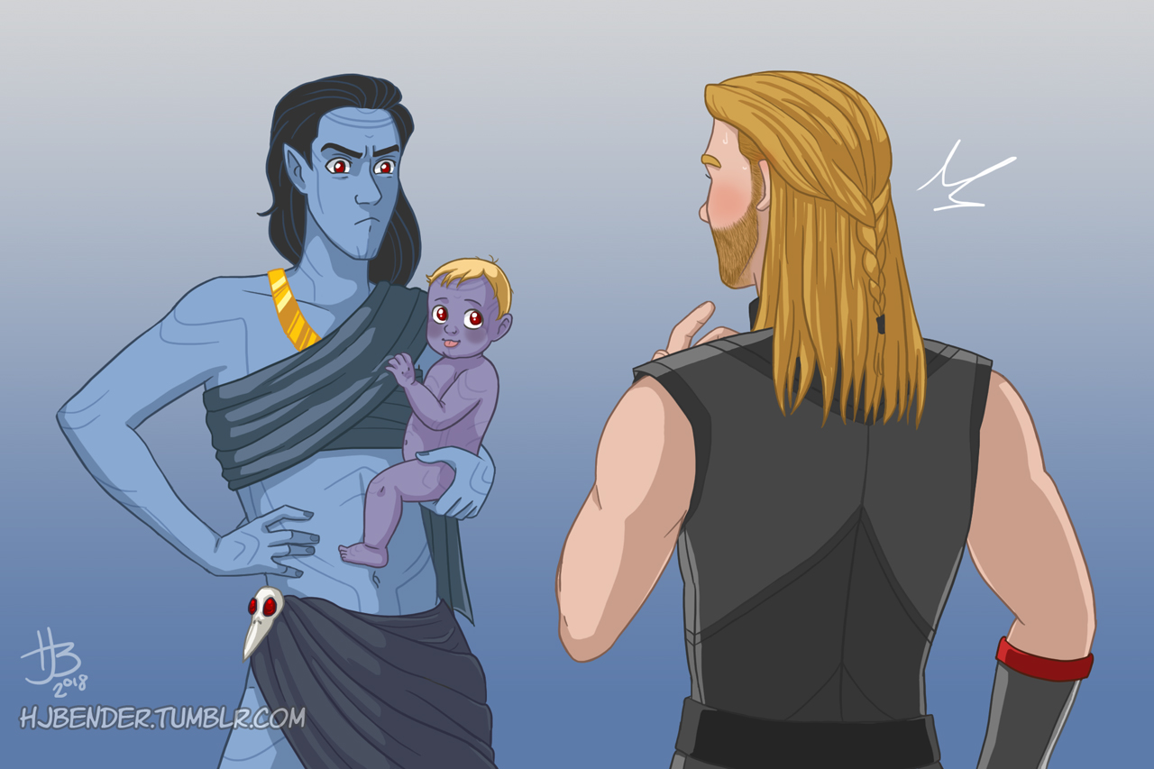 Jotunn Loki scowling at Thor with a happy baby on his hip